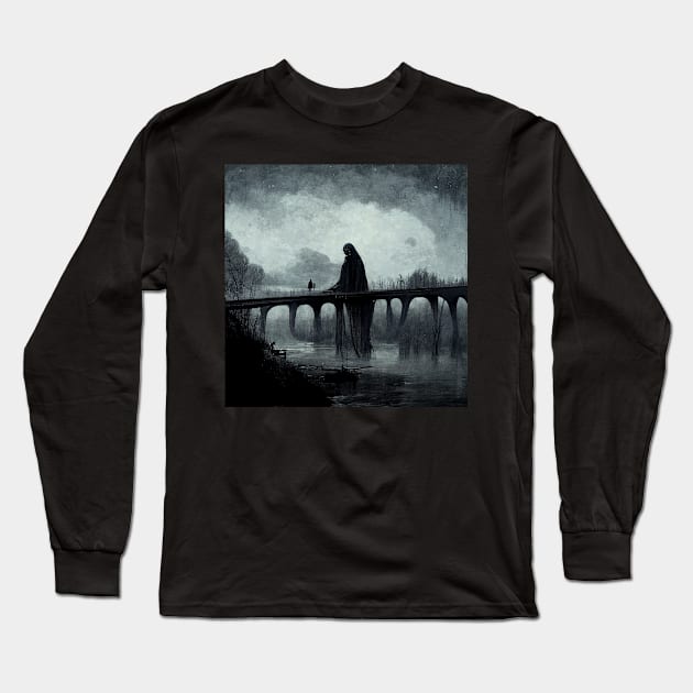 Skeleton on The Bridge Long Sleeve T-Shirt by DarkAgeArt